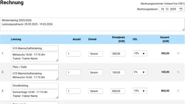 Automatically create invoices for tennis training
