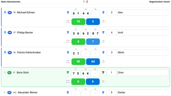 Live ticker for tennis league matches on mobile